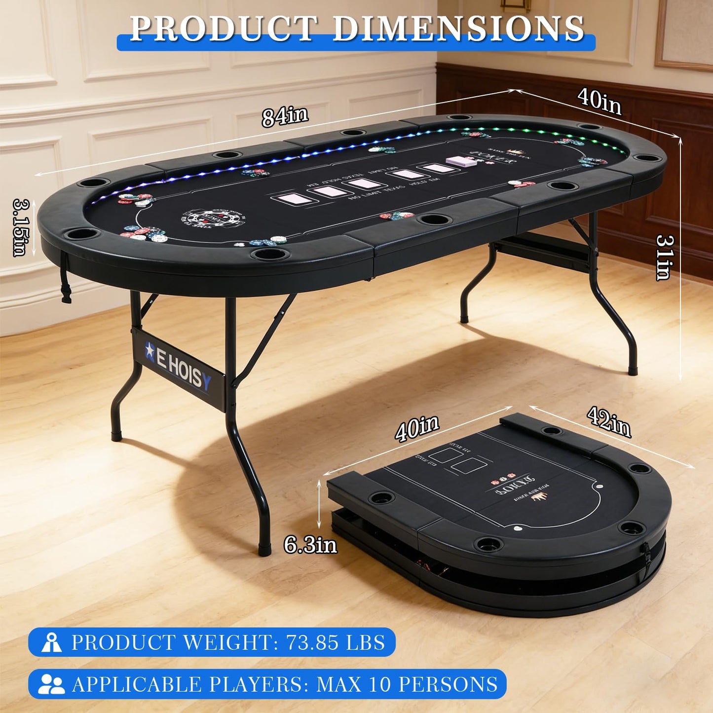 REAHOISY LED Poker Table for 10 Players, 84" Oval Foldable Texas Holdem Casino Table with Tri-Color LED Lights, Board Game Table for Home Game Room with 10 Cup Holders and Padded Armrests