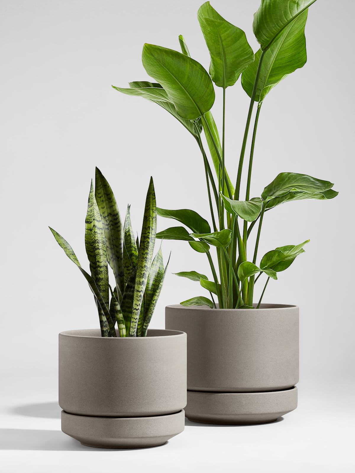 LE TAUCI Large 14 Inch Plant Pot with Saucer | Ceramic Outdoor & Indoor Big Planter Pot | Drainage Hole, Mesh Pad | Unglazed Porous | Modern Minimalist for Home and Patio – Neutral Gray