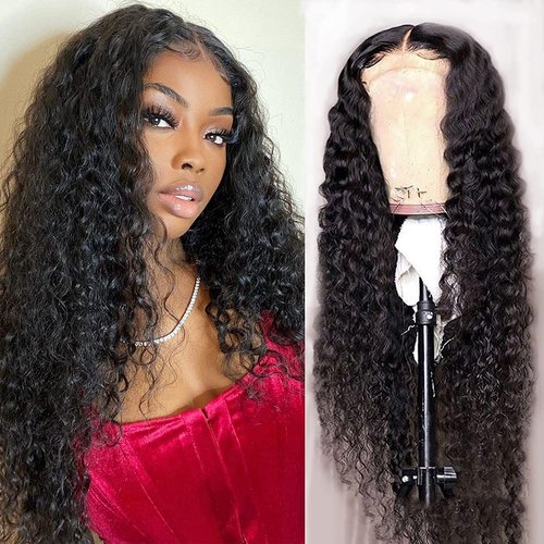 Metamuclia Water Wave 4X4 Lace Frontal Human Hair Wigs, 180% Density, Wet and Wavy Curly, Glueless, 18 Inch