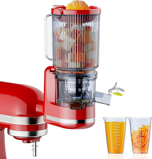 Juicer Attachment for KitchenAid, Cold Press Slow Juicer with 4.9" Large Feed Chute for Whole Fruits & Vegetables, Includes 2 * 1L Measuring Cups for KitchenAid Accessories and Attachments, Red