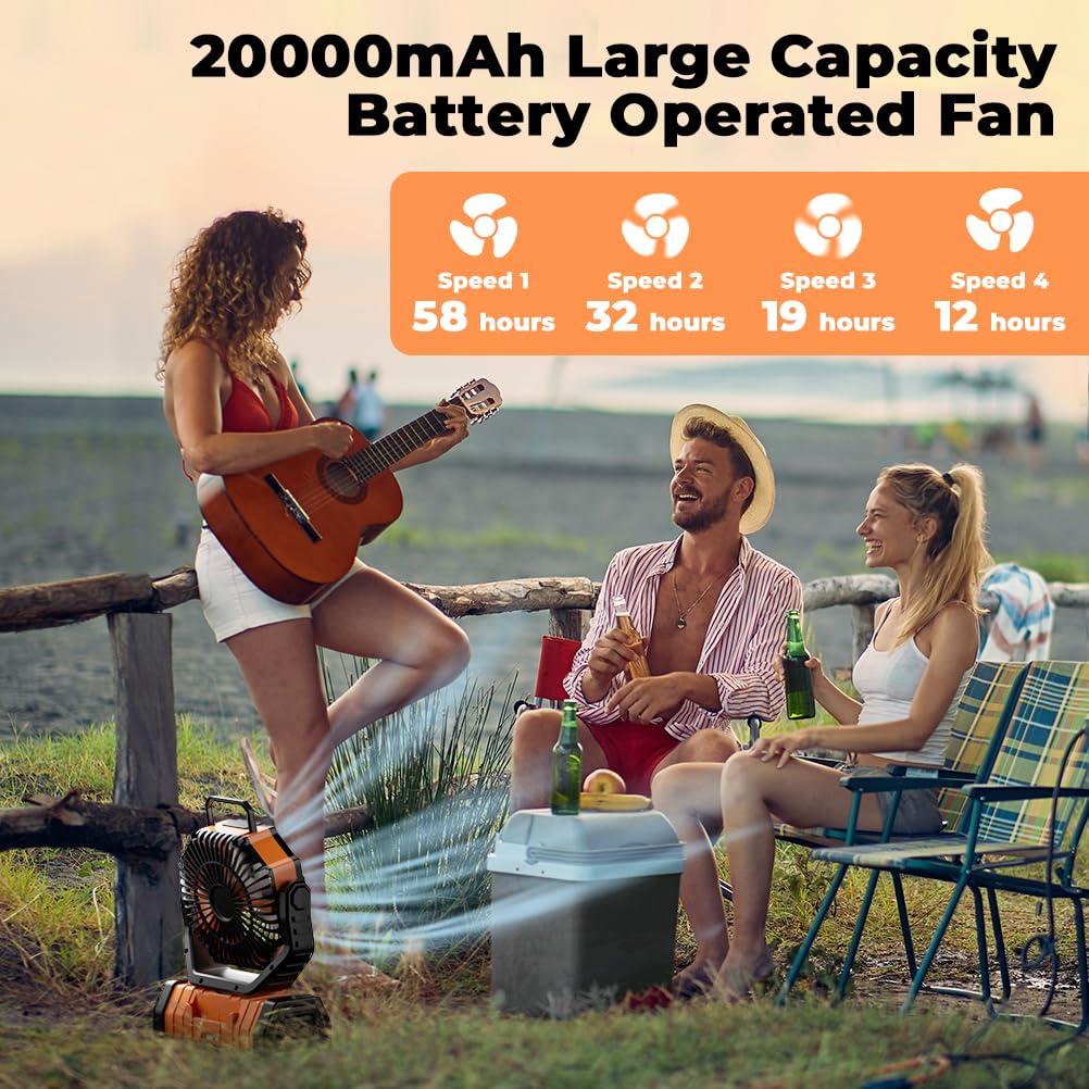 VOSFEEL Camping Fan - 20000mAh Battery Powered Fan Rechargeable with LED Lantern - Portable Outdoor Tent Fans with Hanging Hook 4 Speeds Wind Remote Control, Black and Orange