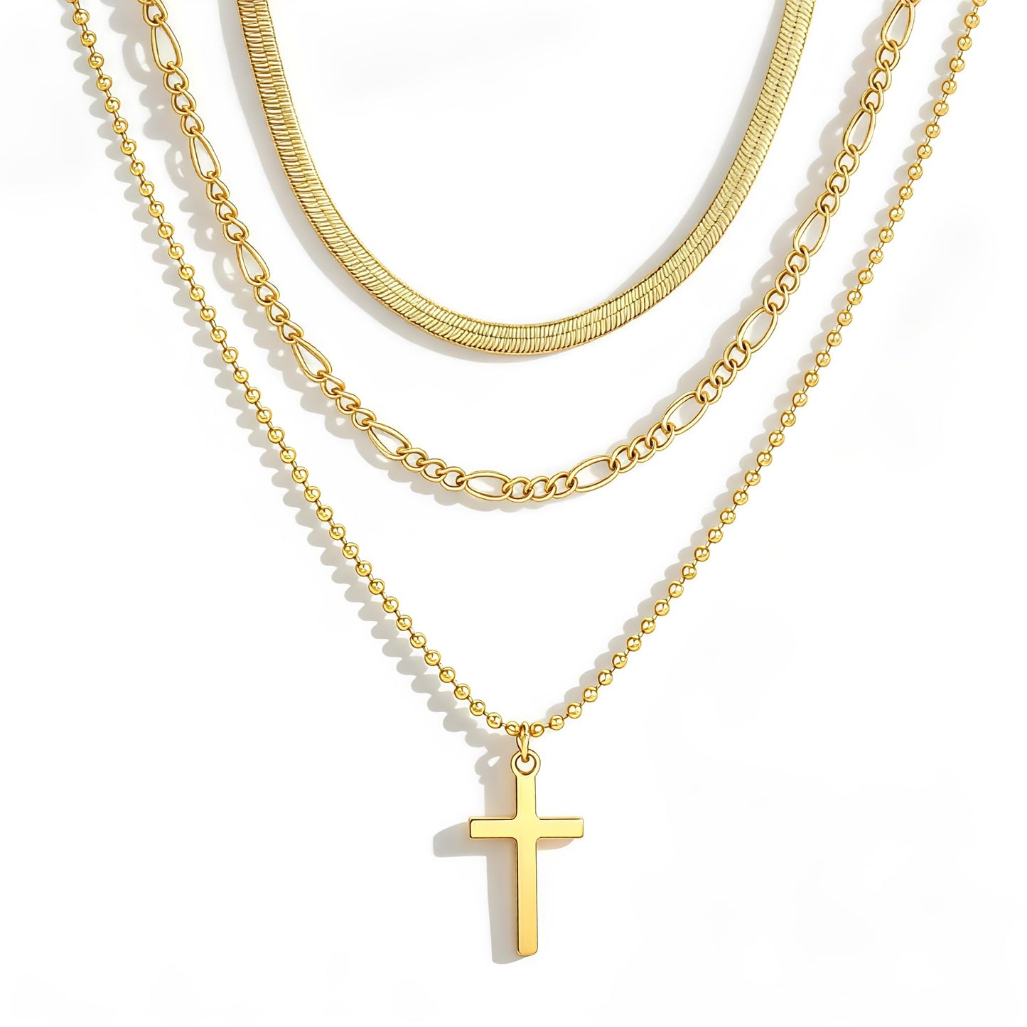 3PCS Layered Gold Cross Necklaces for Women Trendy, Bohemian Bead Pearl Y Long Pendant Necklace Set, Vintage Rosary Necklace Stack Adjustable Length