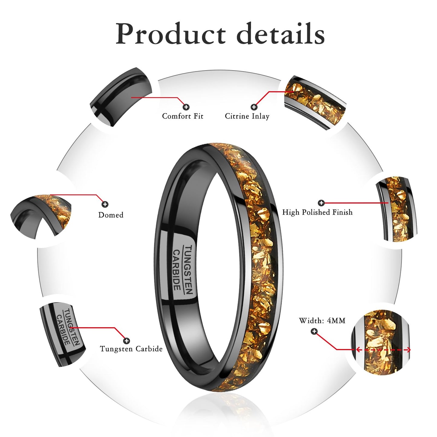 NUNCAD Women's Tungsten Rings 4mm Black Wedding Band Inlaid with Citrine Center Polished Domed Comfort Fit Size 7