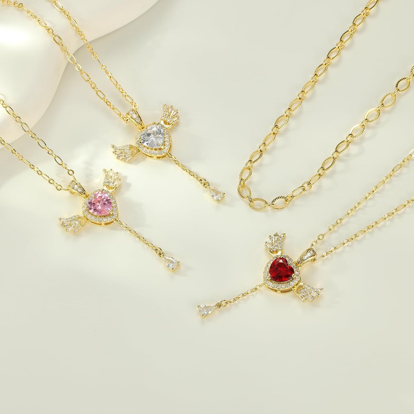 MEIITRUE Heart Necklace for Women Trendy,14k Gold Plated Dainty Layered Necklaces Set Cubic Zirconia Love Drop Pendant with Movable Wings Personalized Choker Chain Jewelry Gift White