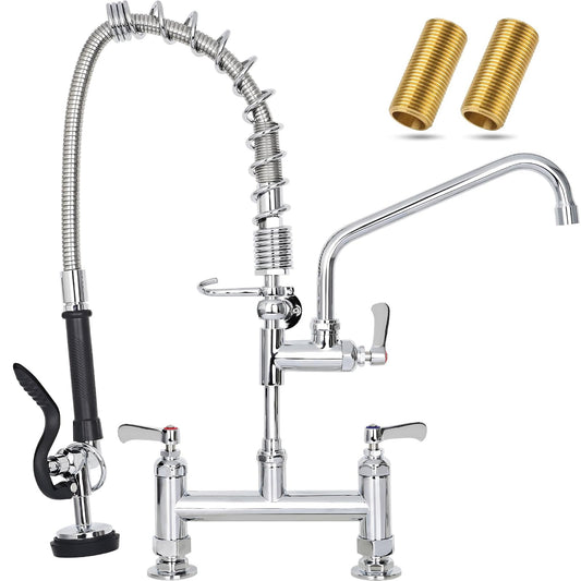 21" Height Commercial Sink Faucet Deck Mount with Pre-Rinse Sprayer, Commercial Kitchen Faucet with 8" Add-on Swing Spout Faucet & Spring Pull Down Sprayer, 8" Adjustable Center Kitchen Faucet