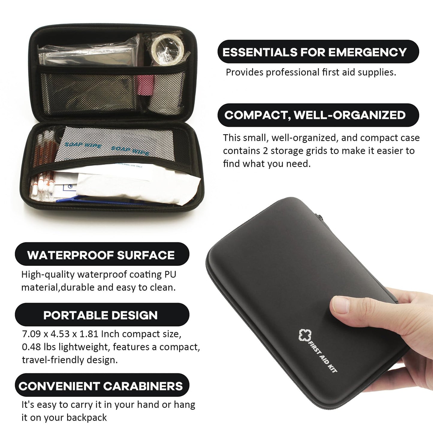 Small First Aid Kit Portable Compact Waterproof Mini Refill Supplies for Home Car Travel Camping Truck Hiking Sports Office & Outdoor Emergencies Black