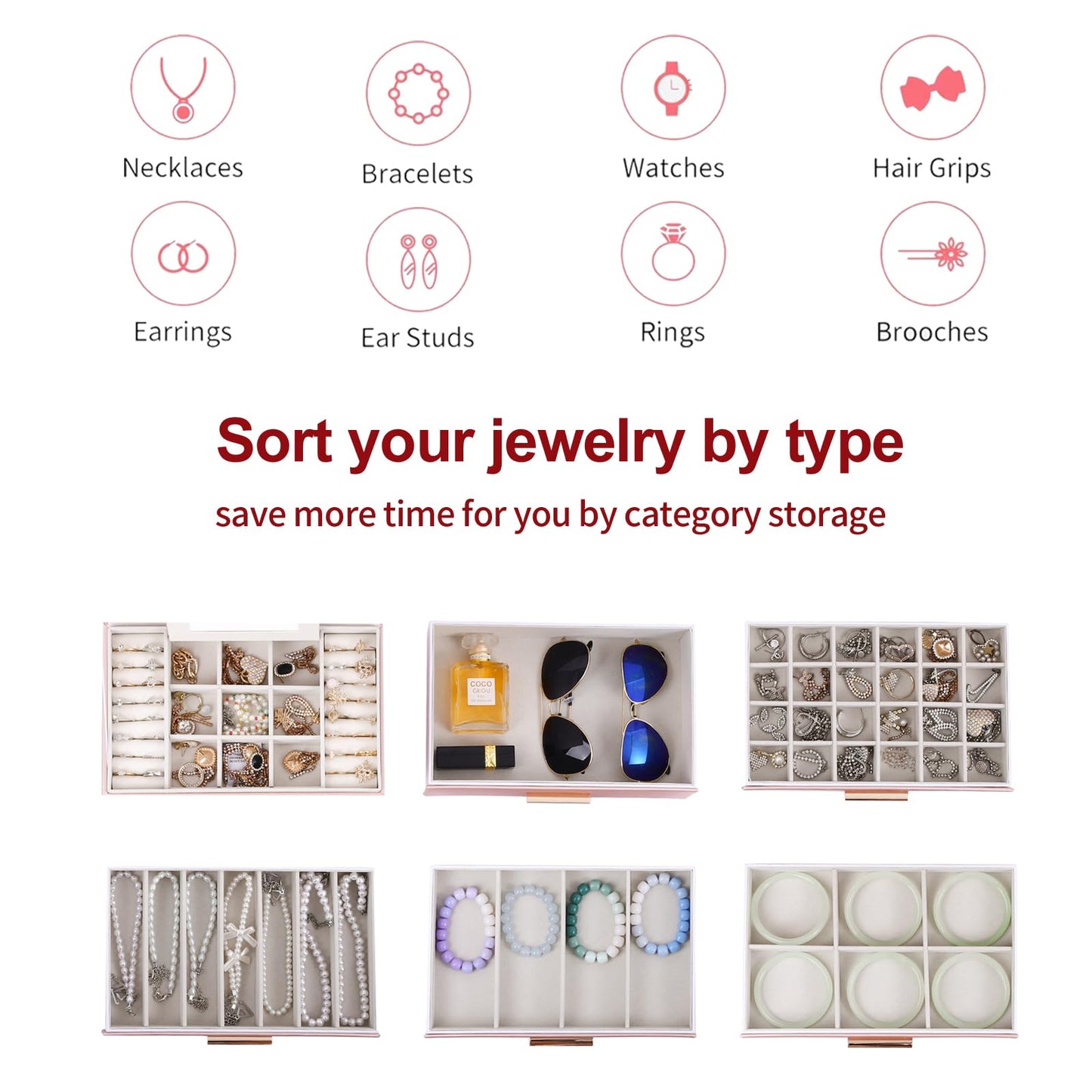 BOOVO Jewelry Boxes for Women, White and Black 6 Layer Large Jewelry Box for Necklace, Bracelet, Earrings, Rings Storage, Jewelry holder Organizer for Girls Gift (Rose gold, 6 layer)