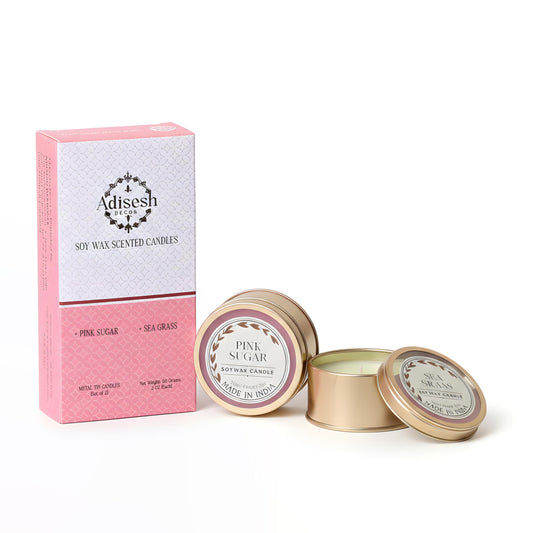 Adisesh Decor Soy Wax Scented Candles - Pink Sugar & Sea Grass (Set of 2) | Metal Tin Scented Candles for Home Decoration, Burn Time 14-15 Hrs Each, Luxury Fragrance Candles for Gifting