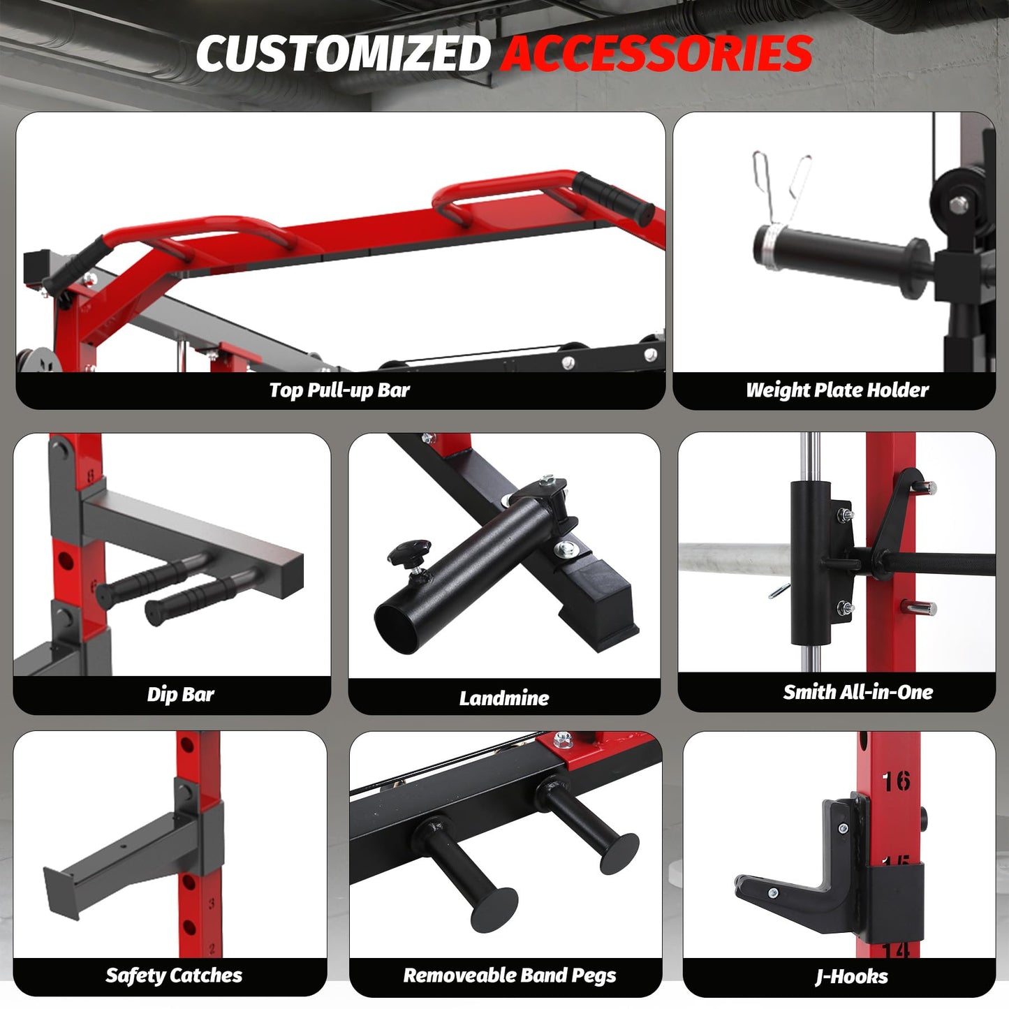 GarveeLife Power Cage, Smith Machine Squat Rack, Heavy Duty Power Rack for Home Gym with Pulley System, Dip Bar, LAT Pulldown, Multifunctional Squat Rack for Home Gym, Red