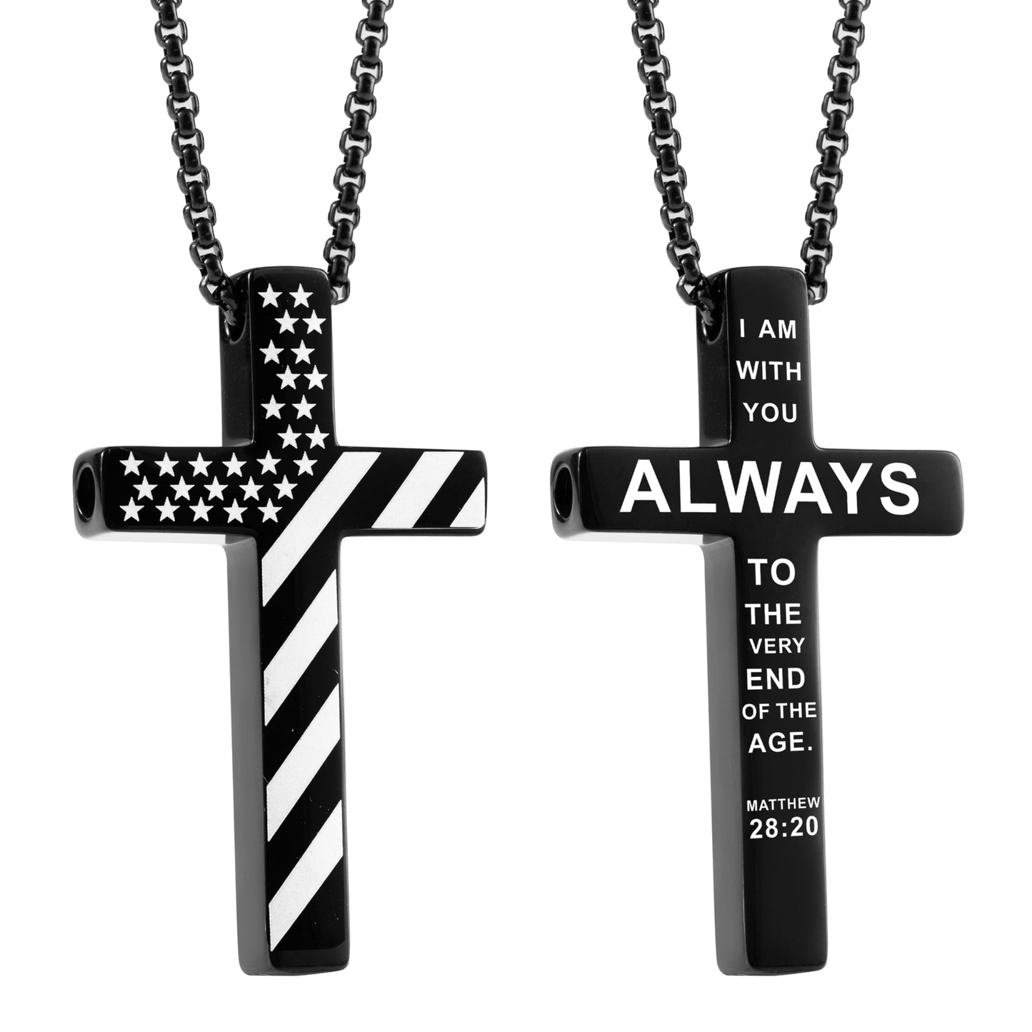 FUNPAR American Flag Cross Breathing Necklace, Stainless Steel Patriotic Jewelry, Inspirational Bible Verse Cross Necklace, Anxiety Relief Items for Men Christian Gift(Black 28:20)