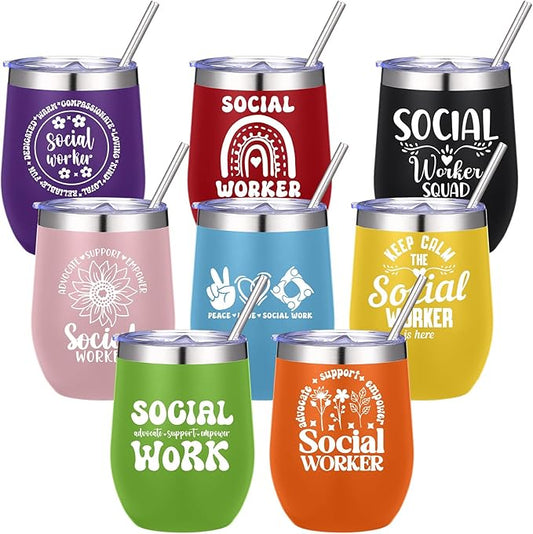 Sliner 8 Pcs Social Worker Tumbler with Lid 12oz Stainless Steel Cups Social Work Week Appreciation Gifts for Women Men Works Practitioner, Birthday Graduation Gift Ideas for BSW MSW DSW