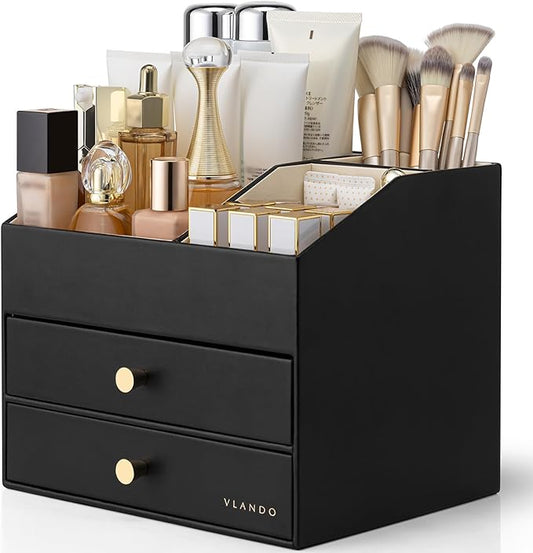 VLANDO Makeup Organizer for Vanity,Large Capacity Countertop Organizer with Drawers, PU Leather Cosmetic Display Case for Lipstick,Brushes,Skincare,Bedroom Storage (Black)
