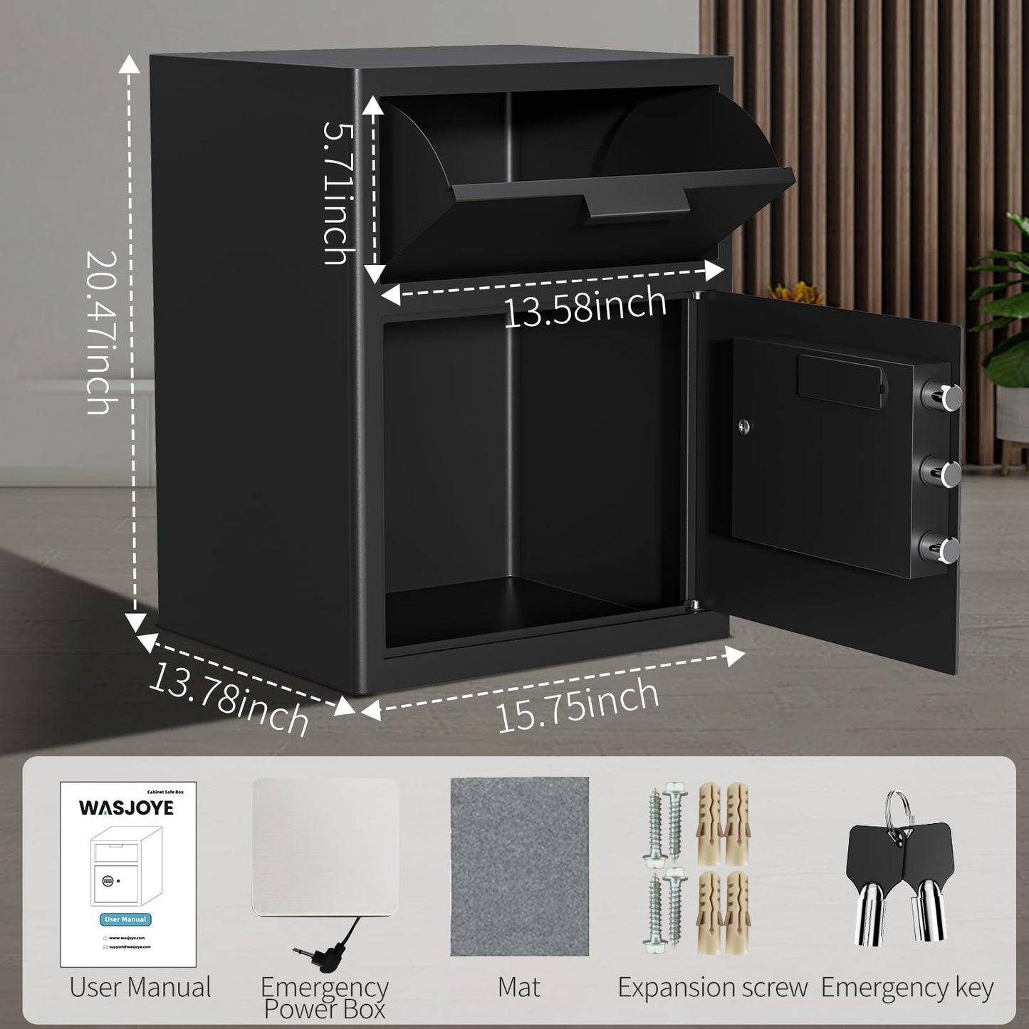WASJOYE Depository Drop Cabinet Safe - 2.6 Cubic Feet Large Size with Digital Keypad Lock and Anti Theft, Business Security Safe Box with Alarm Function, Large Drop Slot Box for Cash Slip Office Home