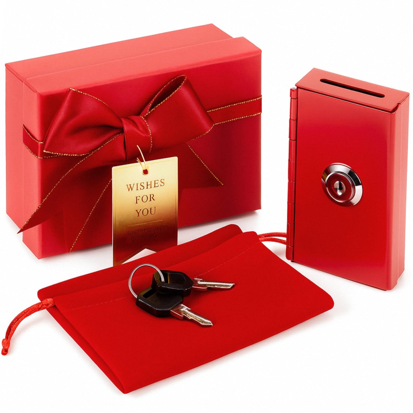 CroBlissful 3 Pcs Metal Casino Cash Box for Gambler, Pocket Size Casino Cash Safe Red Small Portable Money Slot with 2 Keys and Storage Bag Gift Stops Addictive Urges