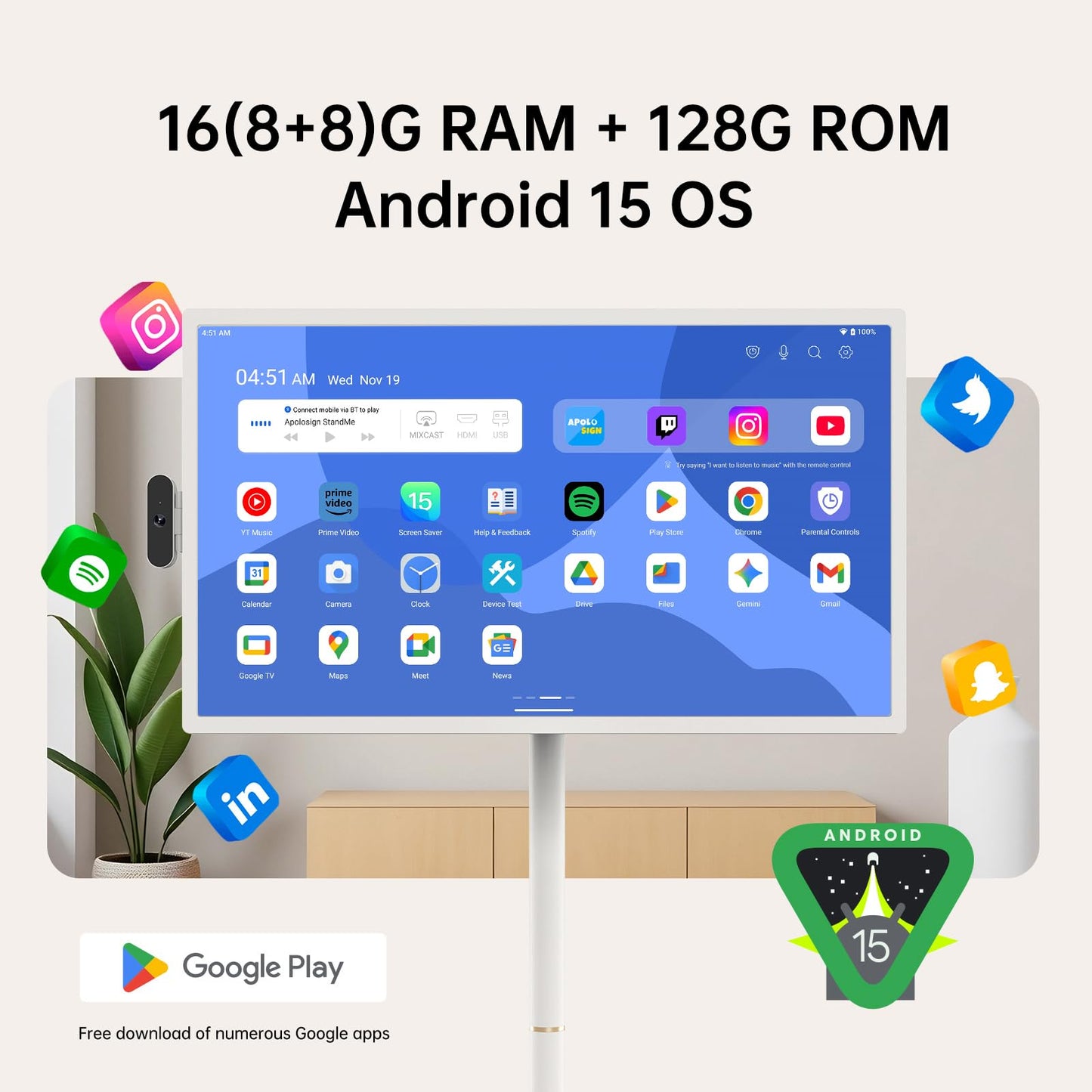 ApoloSign 32 inch FHD Smart Portable TV Gen2, 16G +128G Storage, Android 15 OS, 15000mAh, Rolling TV on Wheels with Rotatable Touch Screen, Built-in Battery, Full Swivel Rotation, Voice Remote