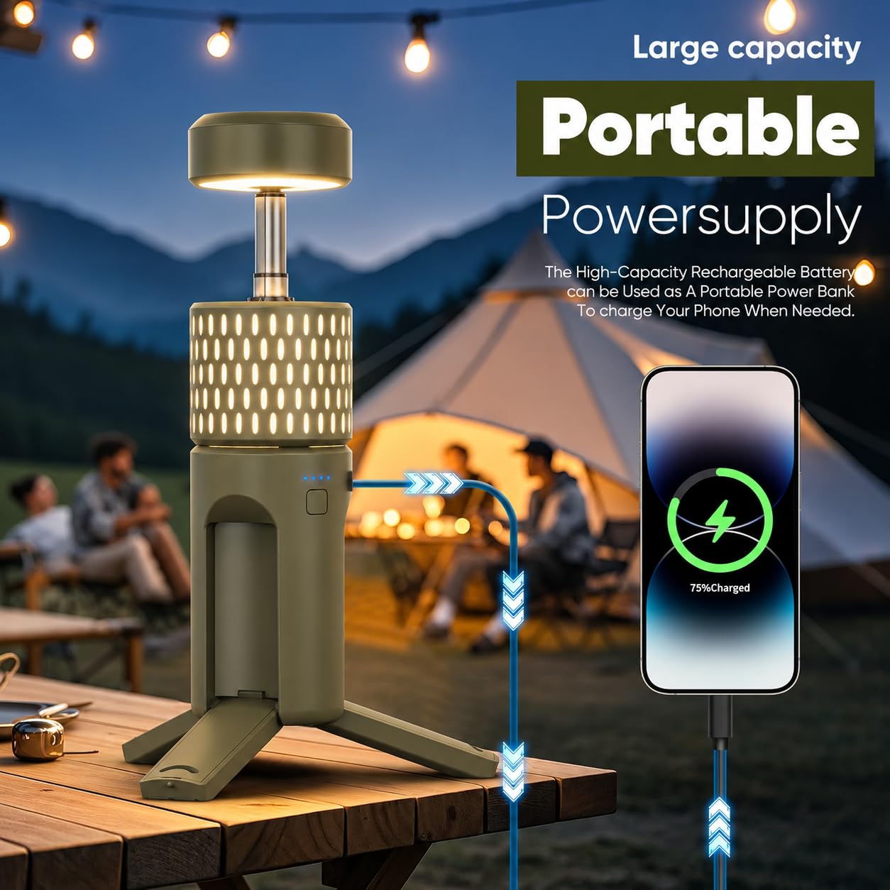 Camping Light Telescopic, Collapsible Tripod Camping Lantern, 12000mAh Rechargeable Camping Lamp with Stand, Dimmable & Portable IPX54 Waterproof Flashlight for Emergency (Military Green)