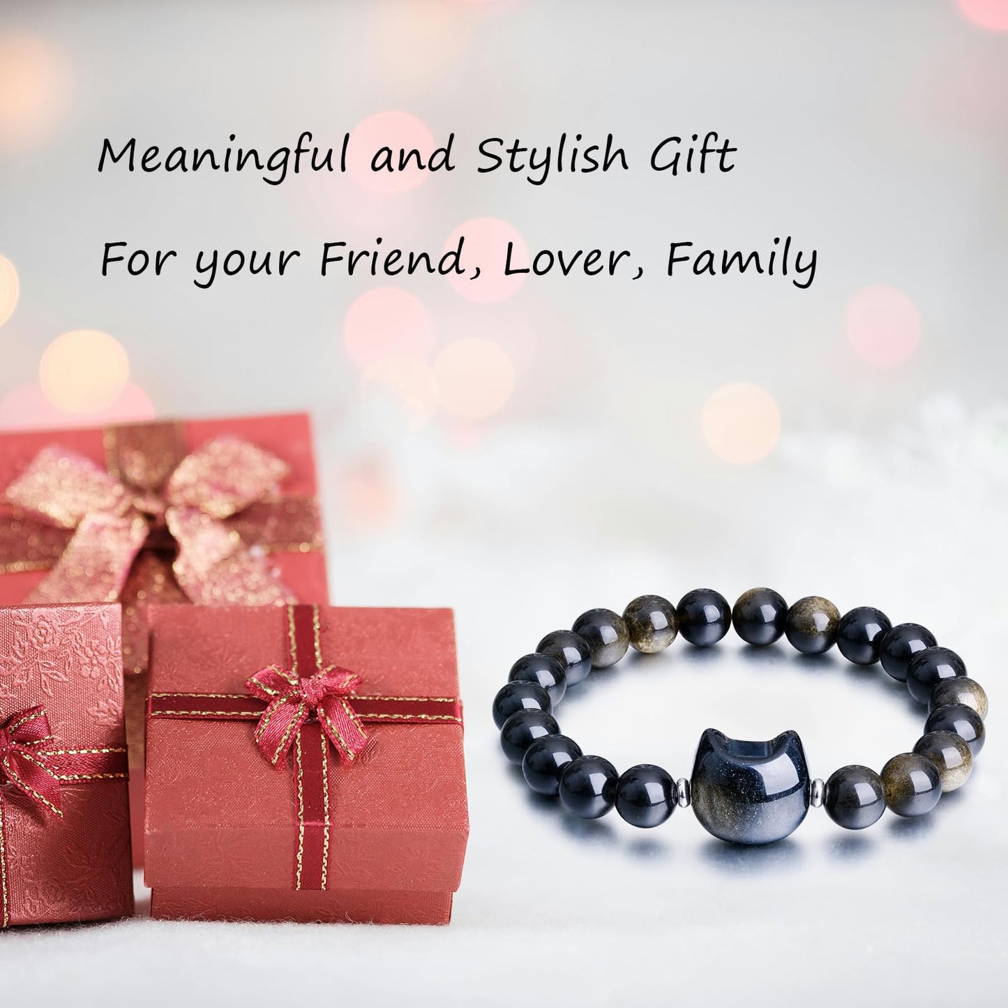 Beaded Bracelets for Women, Black Obsidian Money Attraction Bracelet, 8mm Healing Relax Anxiety Luck Crystal Bead Bracelets, Adjustable Jewelry Feng Shui Stretch Bracelet Cat Lover Gifts for Women Men