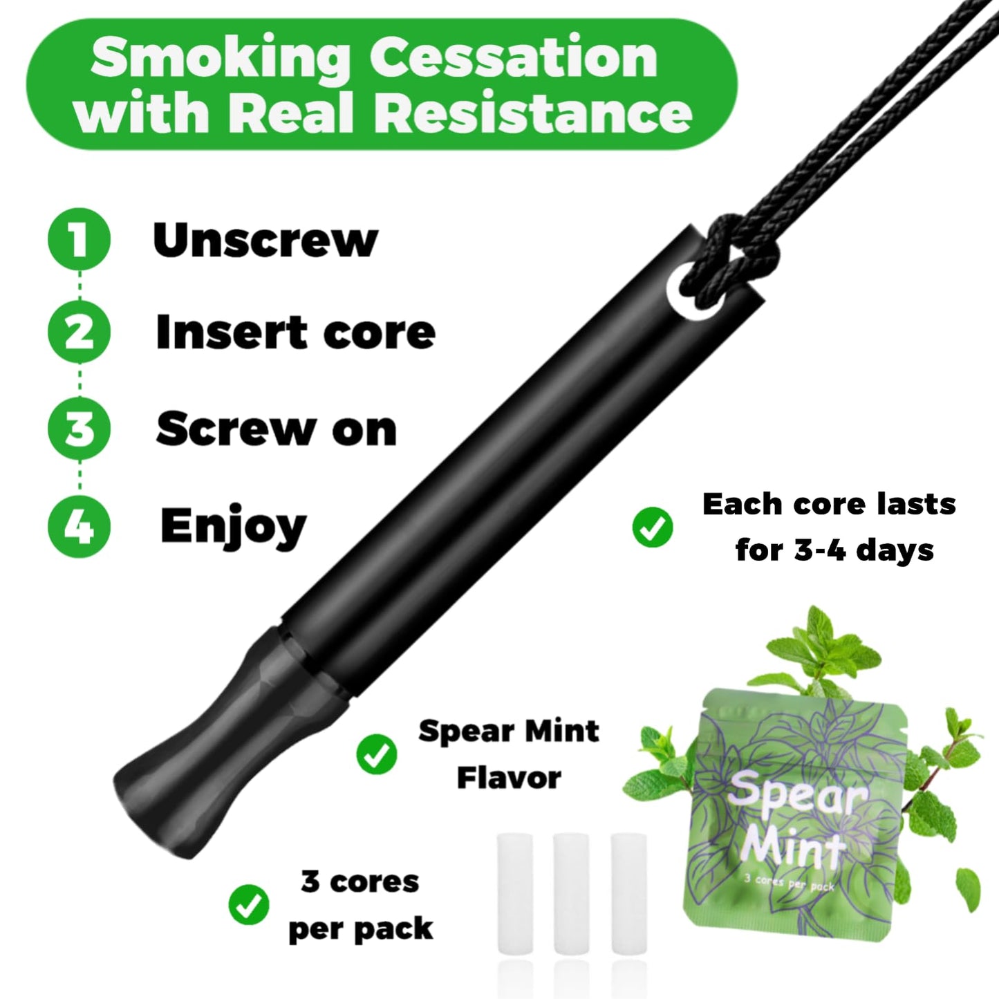 LAMKHOO Breathing Necklace to Quit Smoking and Vaping with Refillable Mint Pods, Stop Smoking Aids Fidget Necklace, Smokeless Inhaler for Adults with Enameled Surface, Includes 3 Mint Cotton Cores