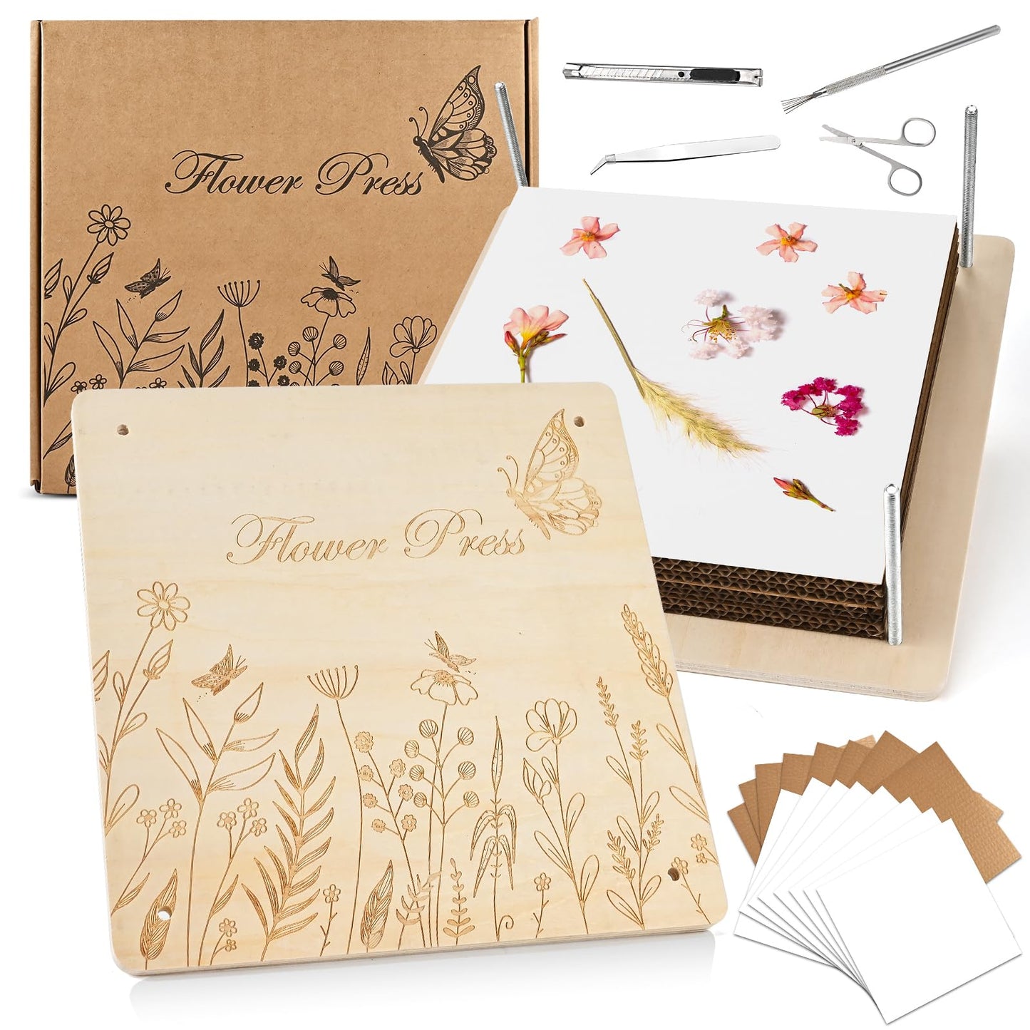 GOLDGE Extra Large 11”x11” Flower Press - 10-Layer Wooden Press for DIY Flower Preservation with Storage Bag, Adult Craft Kit