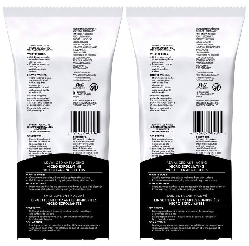 OLAY Regenerist Advanced Anti-Aging Micro-Exfoliating Cleansing Cloths 30 Each (Pack of 2)