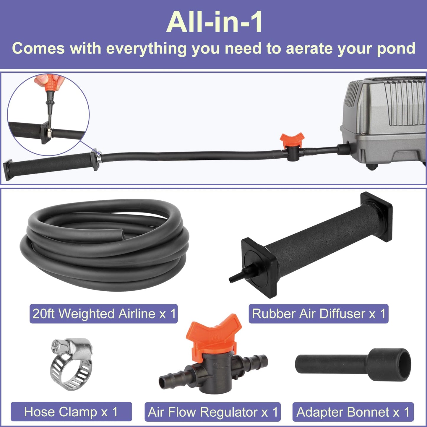 AquaMiracle Koi Pond Aerator Pond Air Pump with Self-Sinking Airline Rubber Air Diffuser, Air Flow Control Pond Deicer All-in-One Pond Aeration Kit for Outdoor Pond 2,000-5,000 Gallons