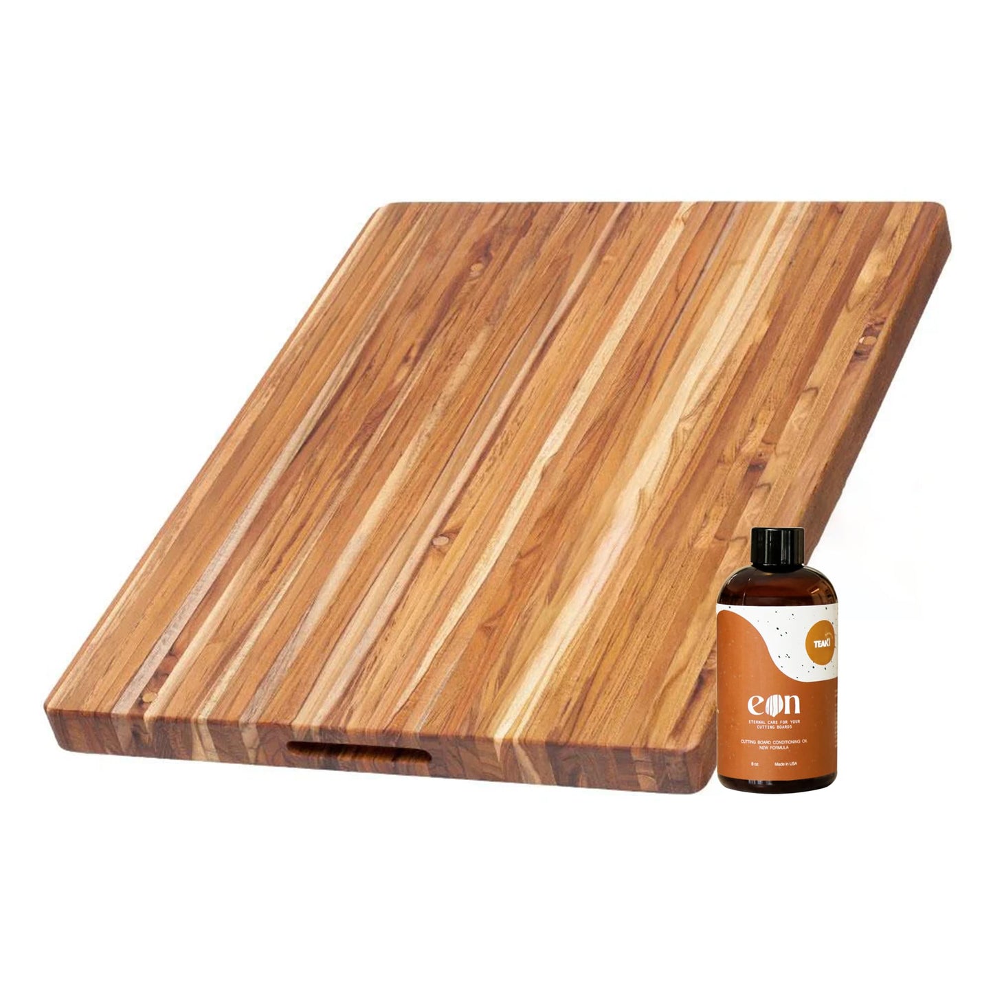 Teakhaus Carving Board and Cutting Board Oil Set - Includes Large (L) Wood Cutting Board with Grip Handles and EON Food Grade Mineral Oil - Knife-Friendly - FSC Certified