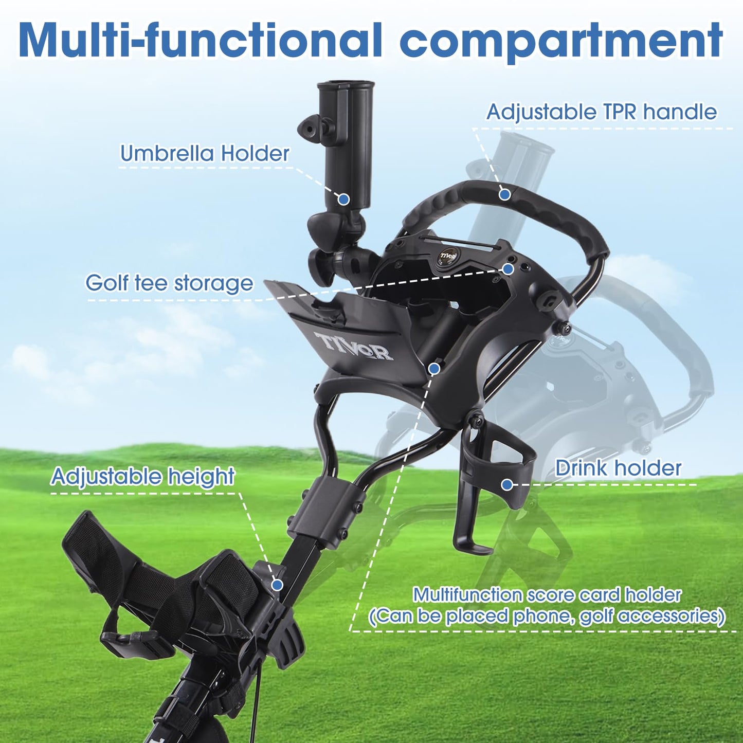 3 Wheel Golf Push Cart,Lightweight Golf Pull Cart with Quad-Fold Frame,and Cleaning Kit Golf,Cooler Bag,Cup/Phone/Umbrella Holder Compact Golf cart-green