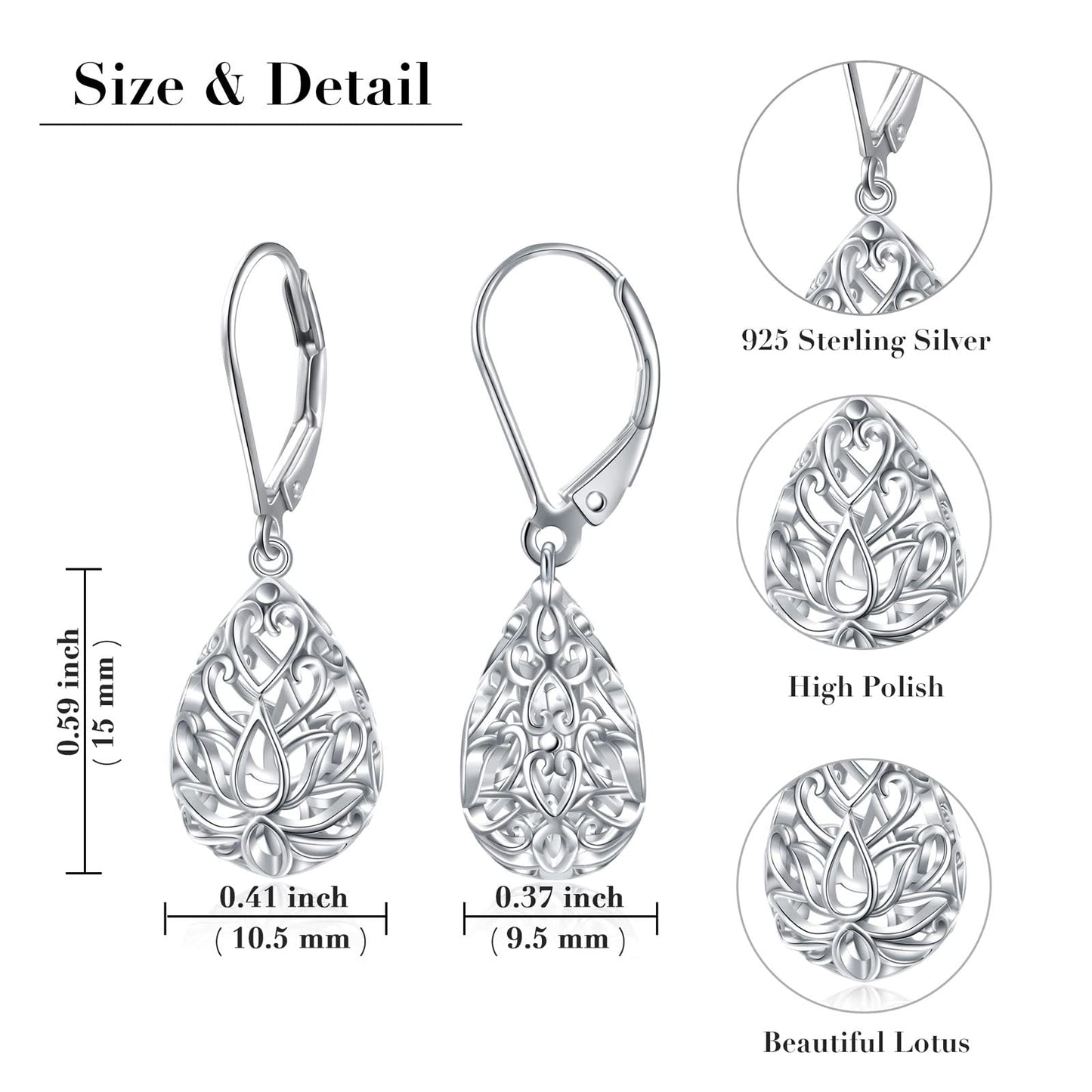SHAOAN 925 Sterling Silver Filigree Dangle Drop Earrings Flower Lotus Leverback Teardrop Earrings for Women Mother’s Day