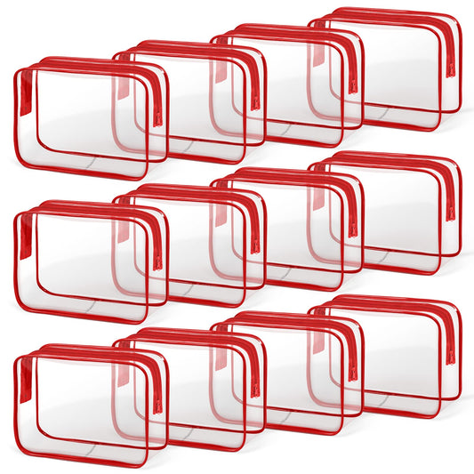 TISRATOK 12 PCS Clear Makeup Bag for Women with Zipper, TSA Approved Toiletry Pouch, Cosmetic Bag Bulk for Travel Organizer Essentials - Red, Medium