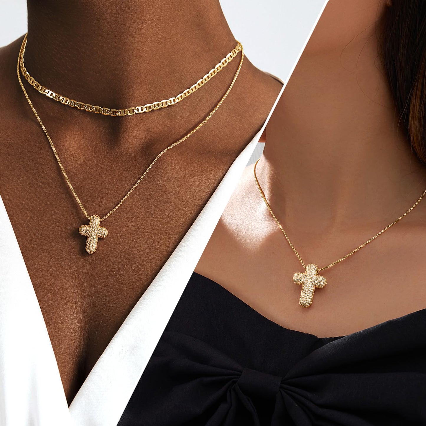 OGD Layered Gold Necklaces for Women 14k Gold Plated Cross Necklace for Women Stackable Stacked Stacking Dainty Gold Necklace Mariner Chain Necklace CZ Cross Pendant Necklaces Set Simple Jewelry Gift
