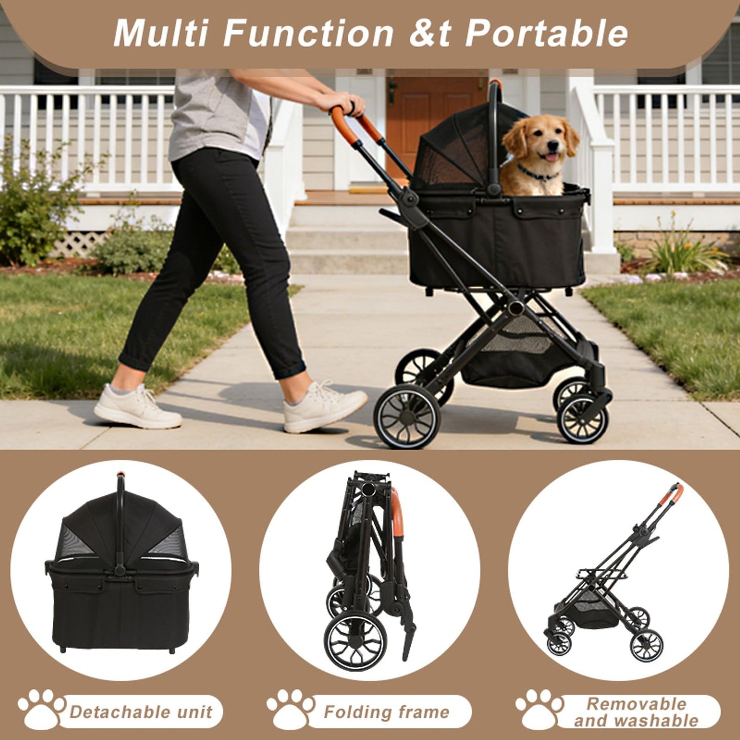 Pet Stroller for Small Dogs and Cats, Detachable Dog Cat Stroller with All-Terrain Shock Absorbing Wheels, One-Click Foldable Design, Adjustable Canopy (Khaki)