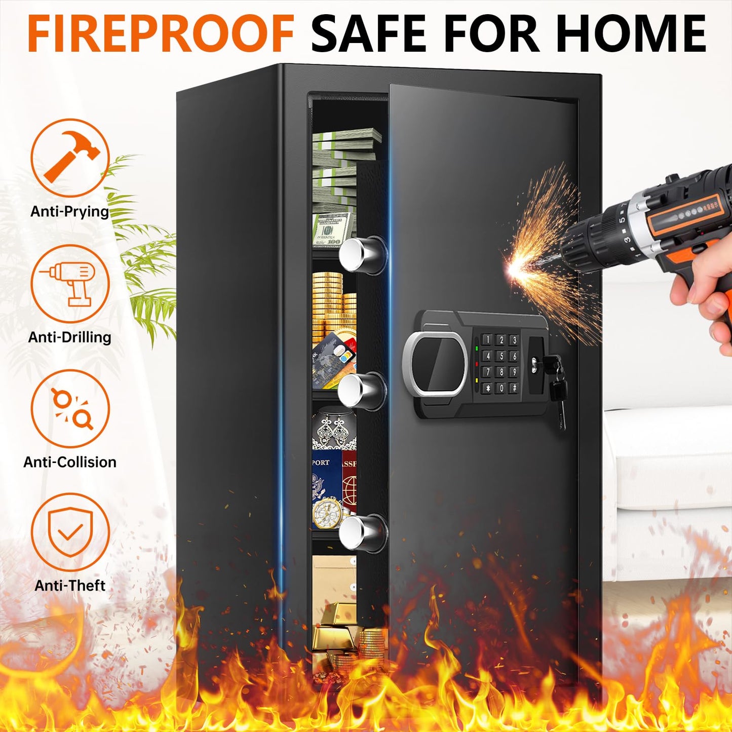 6.0 Cuft Large Fire and Waterproof Safes for Home, Anti-theft Fireproof Lock Box with Digital Keypad, Removable Shelves and Alert System, Personal Fire Proof Safe for Home Documents Valuables