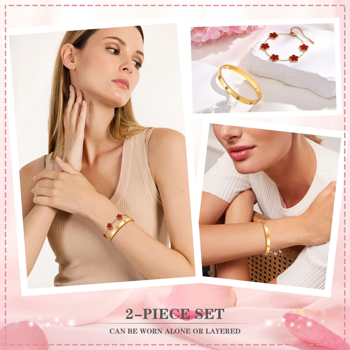 MPRAINBOW Womens Stackable Bracelets Jewelry, 18K Gold Plated Floral Bracelet,Bangles Non Tarnish, Gold Cubic Zirconia Chain Set Trendy Gift,Christmas Valentines Birthday Gifts for Girlfriend