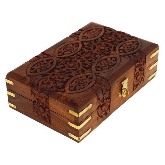 Ajuny Handcarved Treasure Chest Wooden Decorative Jewelry Storage Box Eye Floral Design Multipupose Small Memory Keepsake Box Pretty Gift Box Wood Trinket Boxes - 8X5 Inch