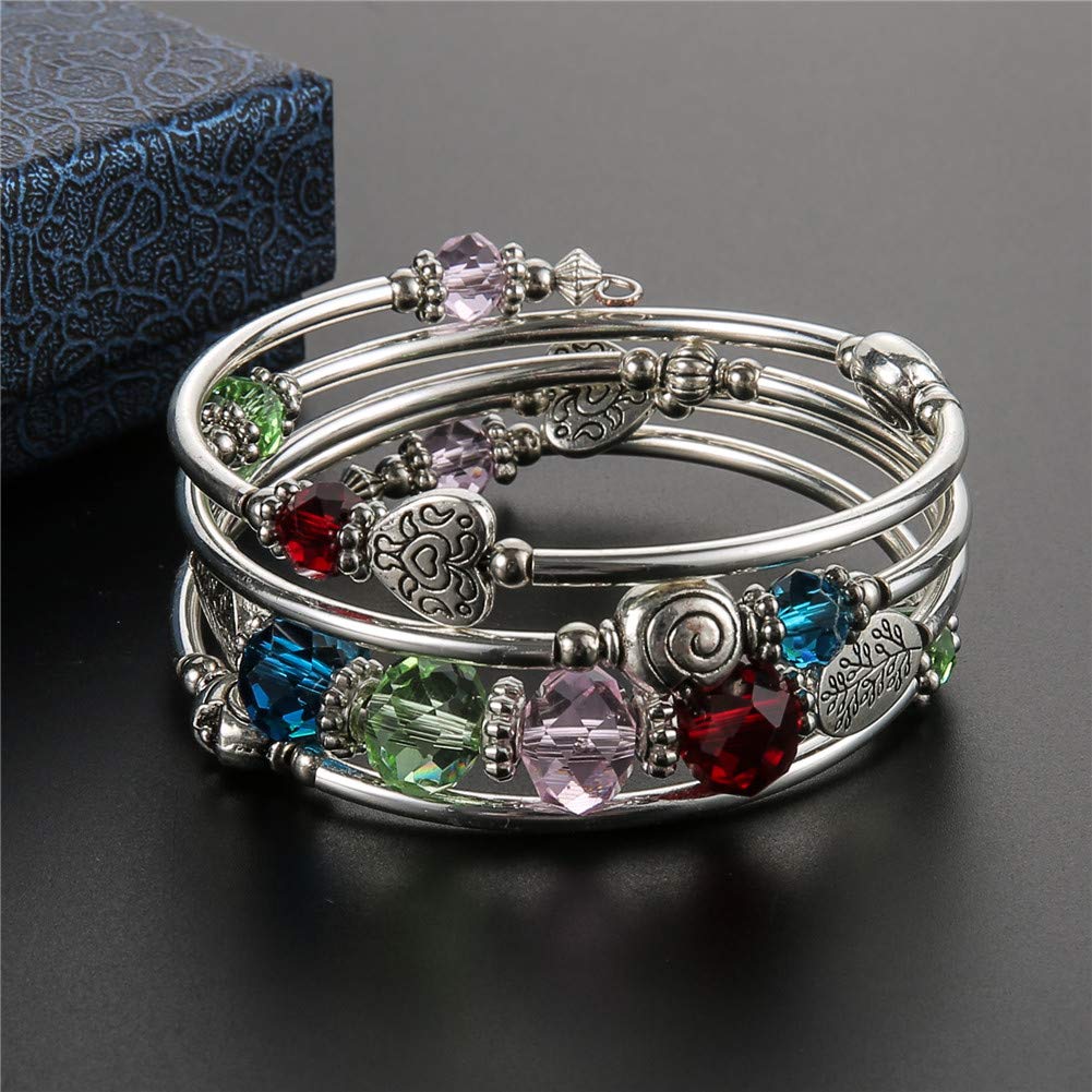 PEARL&CLUB Bead Crystal Wrap Bangle Bracelet - Fashion Jewelry Beaded Bracelet with Silver Metal, Gifts for Women(23-Colorful)