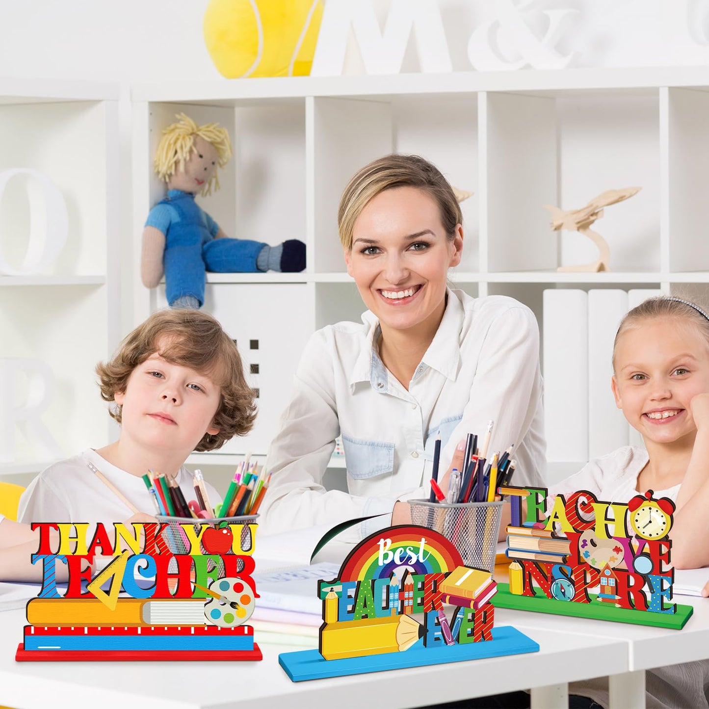 Suzile 6 Pcs Teacher Appreciation Table Decoration Centerpieces Best Teacher Wooden Table Sign Thank You Teachers Desk Decorations Gifts for Teacher Appreciation Home School Classrooms Desks Decor