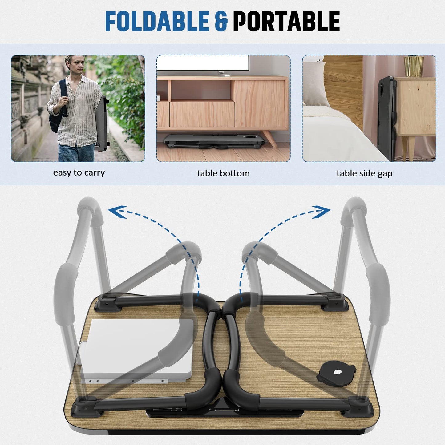 Zapuno Foldable Laptop Bed Table Multi-Function Lap Serving Tray Dining Table with Storage Drawer and Water Bottle Holder, Slot for Eating, Working on Couch/Sofa (Arc Shape)