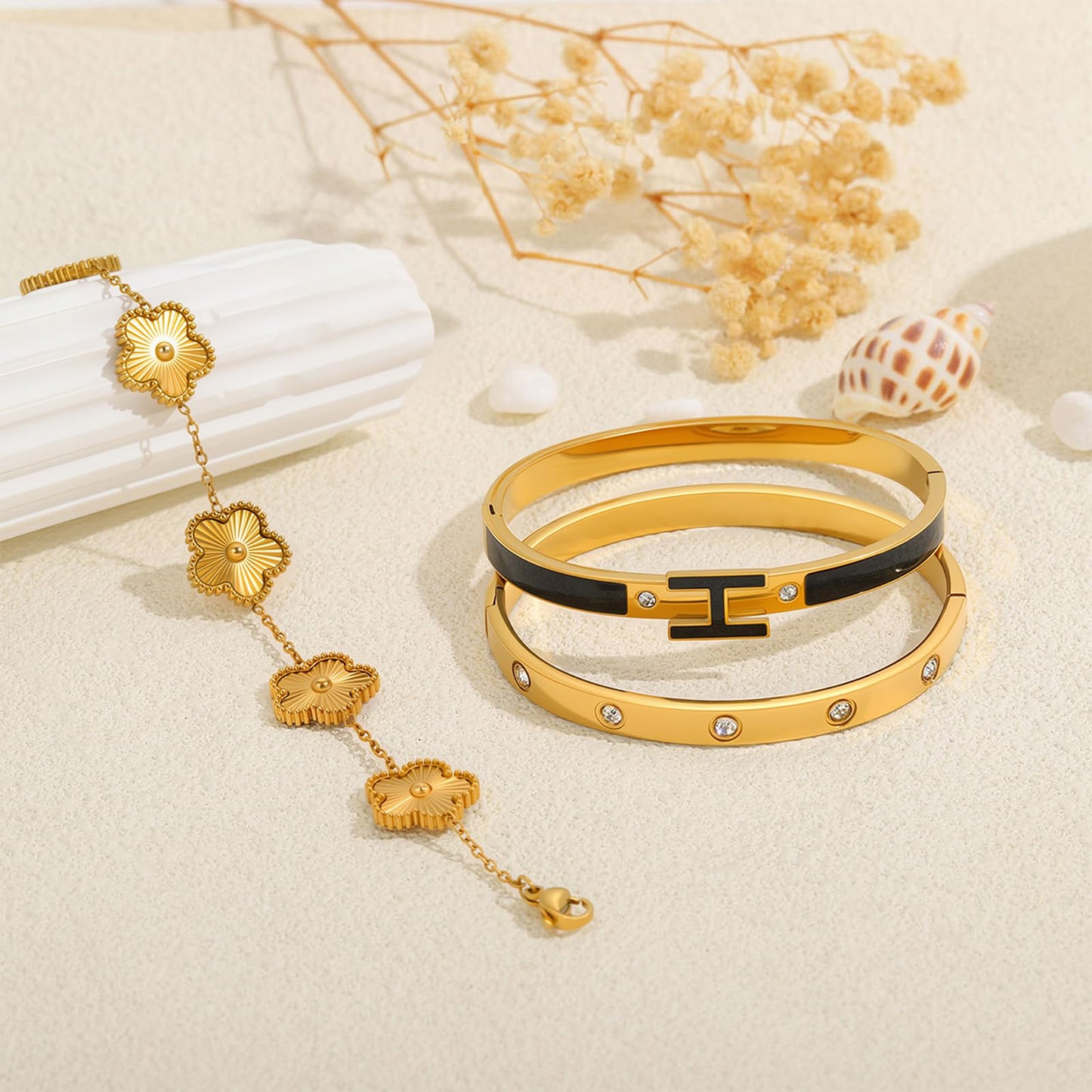 Camhanno Gold Clover Bracelets for Women - 18K Gold Plated Stainless Steel Dainty H Bangle Bracelets| Daily & Party Wear Jewelry, Easter Christmas Mothers Day Gifts
