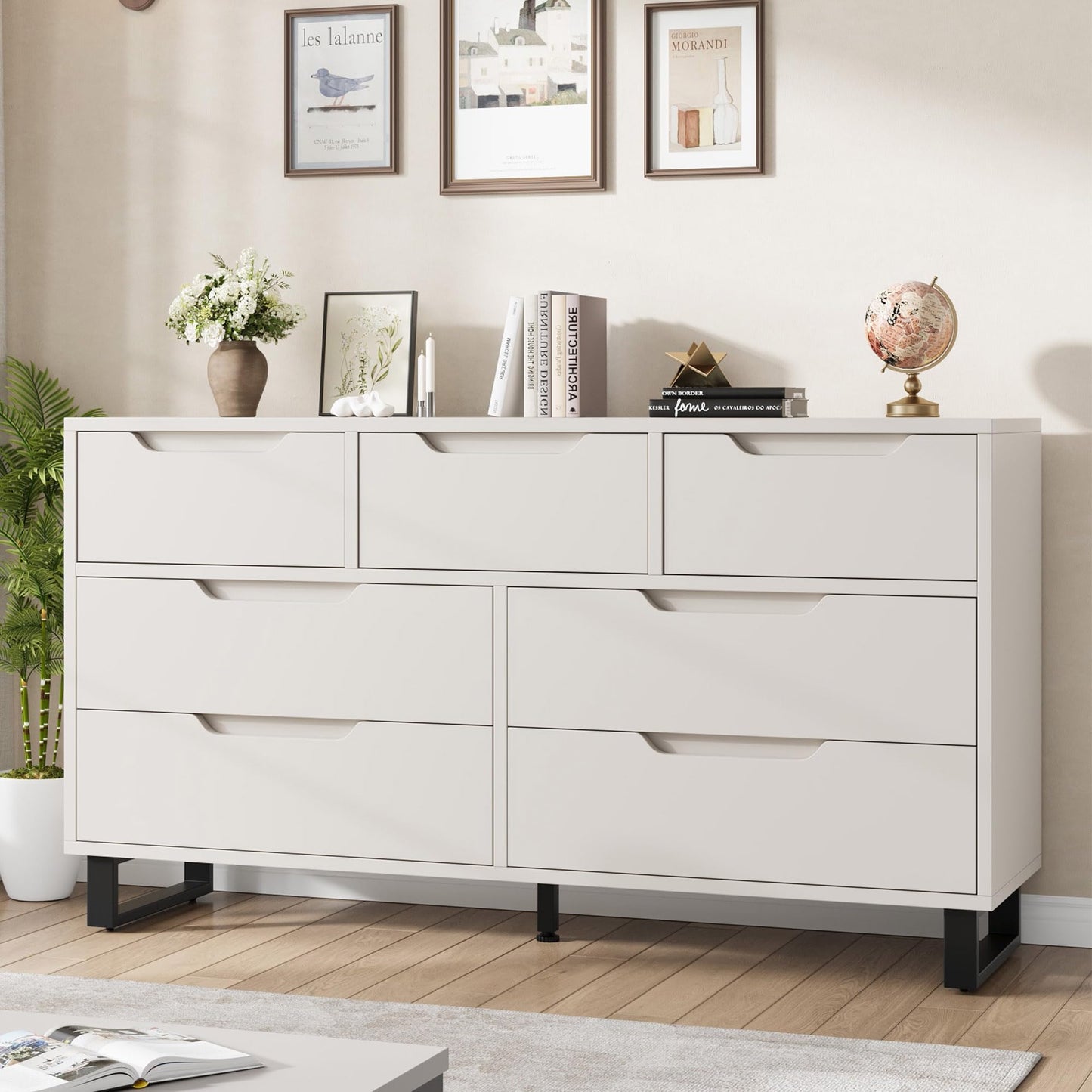 GarveeHome 7 Dresser for Bedroom, 55" Wide Dresser, Freestanding Horizontal Drawer with Storage, Wooden Closet Chest Storage for Living Room, Hallway, Entryway, White