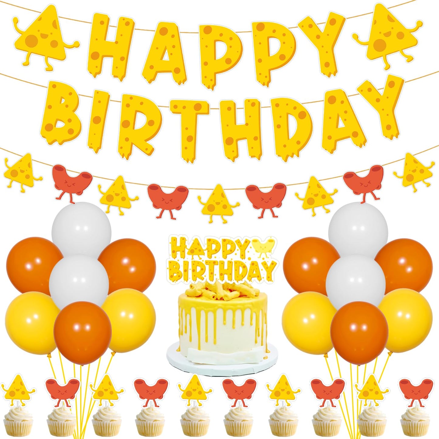Cheese Themed Birthday Party Decorations, Sweet Cheesy Happy Birthday Banner Macaroni and Cheese Garland Cupcake Toppers for Kids Pasta Pizza Party Decor Dairy Mac and Cheese Theme Supplies