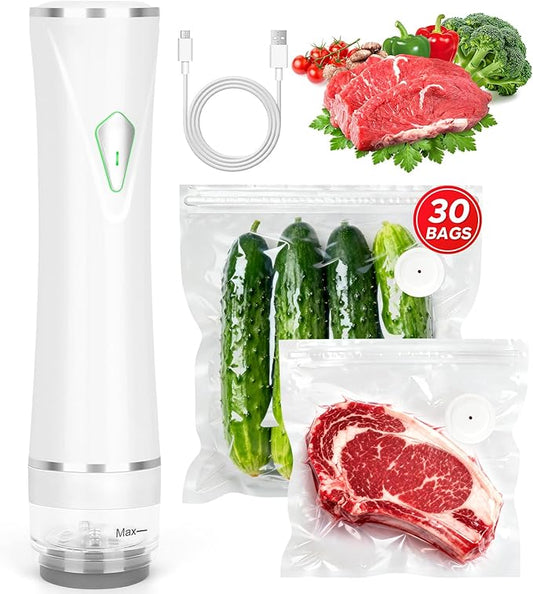 Vacuum Sealer, Handheld Vacuum Sealer for Food, USB Rechargeable Portable Mini Food Sealer with 30 Reusable Bags, Compact for Travel & Small Batch Storage
