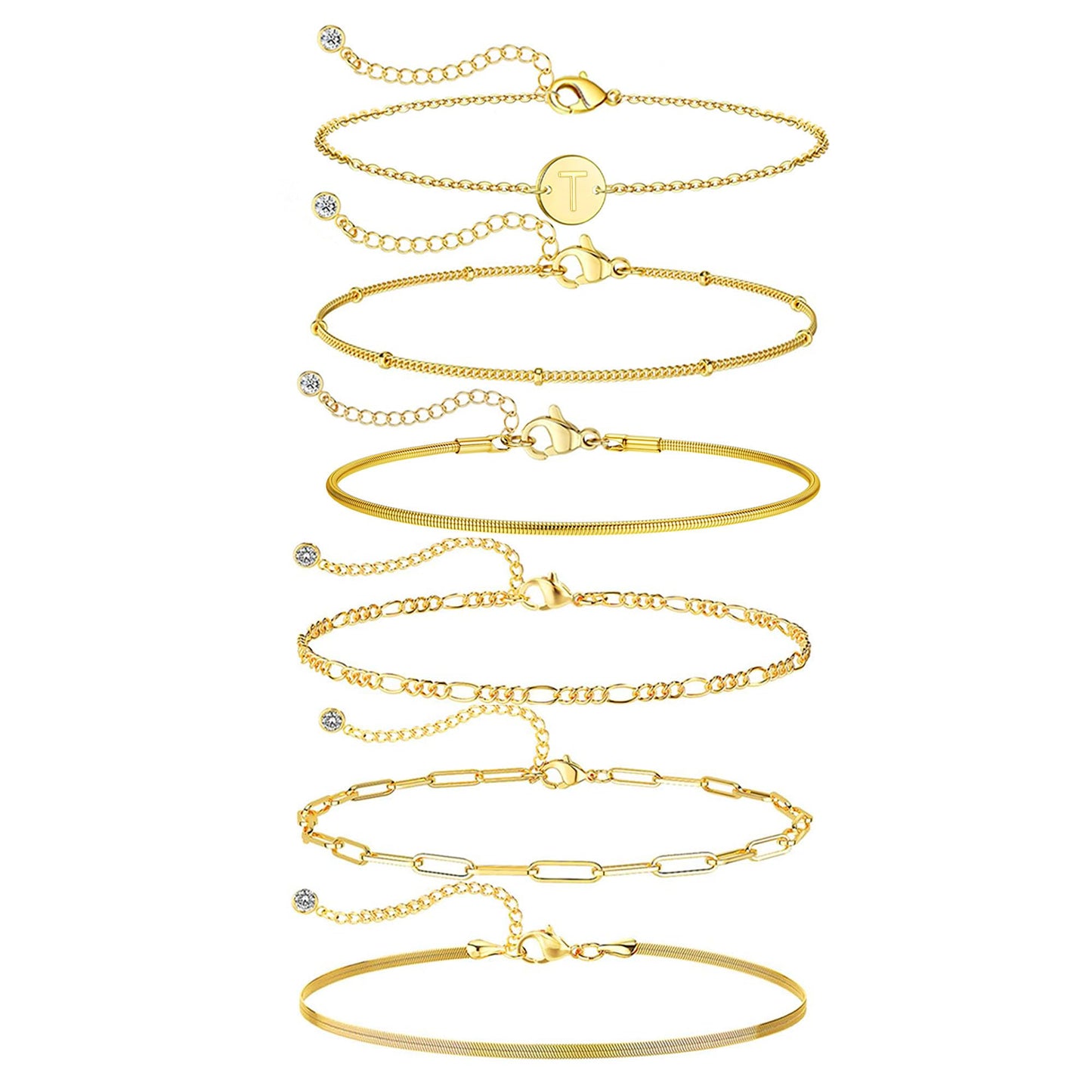 Lydow Bracelets for Women, Stack Jewelry Set Initial T Chain Stackable Letter Teen Accessories Pulseras Para Mujer 6 Inch 6PCS