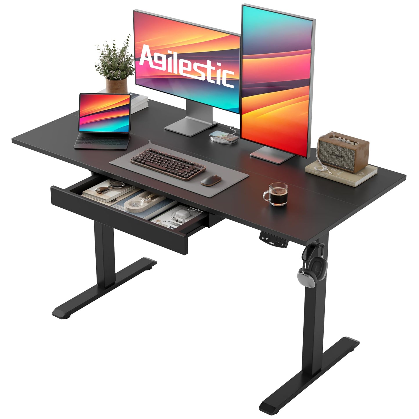 Agilestic Electric Standing Desk with Integrated Drawer, Height Adjustable Desk, Ergonomic Rising 48"x24" Wooden Desk, Sit-Stand Workstation with Memory Presets for Work Home Office, Black