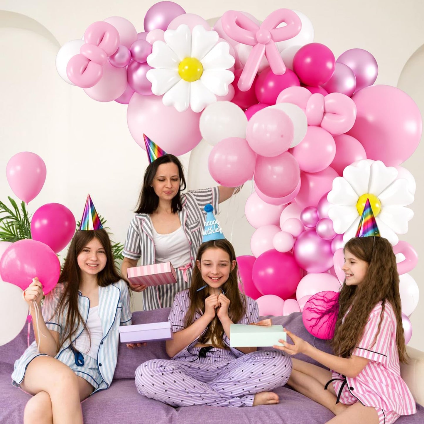 139pcs Pink Cartoon Cat Balloon Garland Arch Kit, Hot Pink White Long Balloons with 15inch Flower Foil Balloons for Cat Themed Birthday Baby Shower Party Decorations