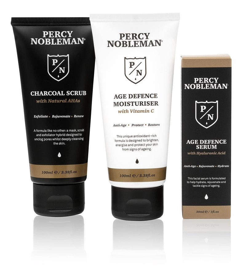 Percy Nobleman Age Defence Kit – Men’s Skincare Gift Set with Charcoal Face Scrub, Hydrating Facial Serum with Hyaluronic Acid & Vitamin C Moisturiser for Cleansing, Nourishment & Healthy Skin