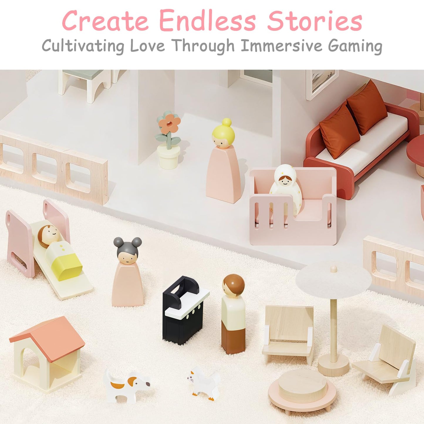 Fabuday Modern Wooden Dollhouse for Kids Girls - 8 Rooms Doll House Playset, DIY Pretend Toy Play Houses Kits with 81 Pcs Furniture Accessories, Dolls & Pets, Gift for Toddlers Ages 3+