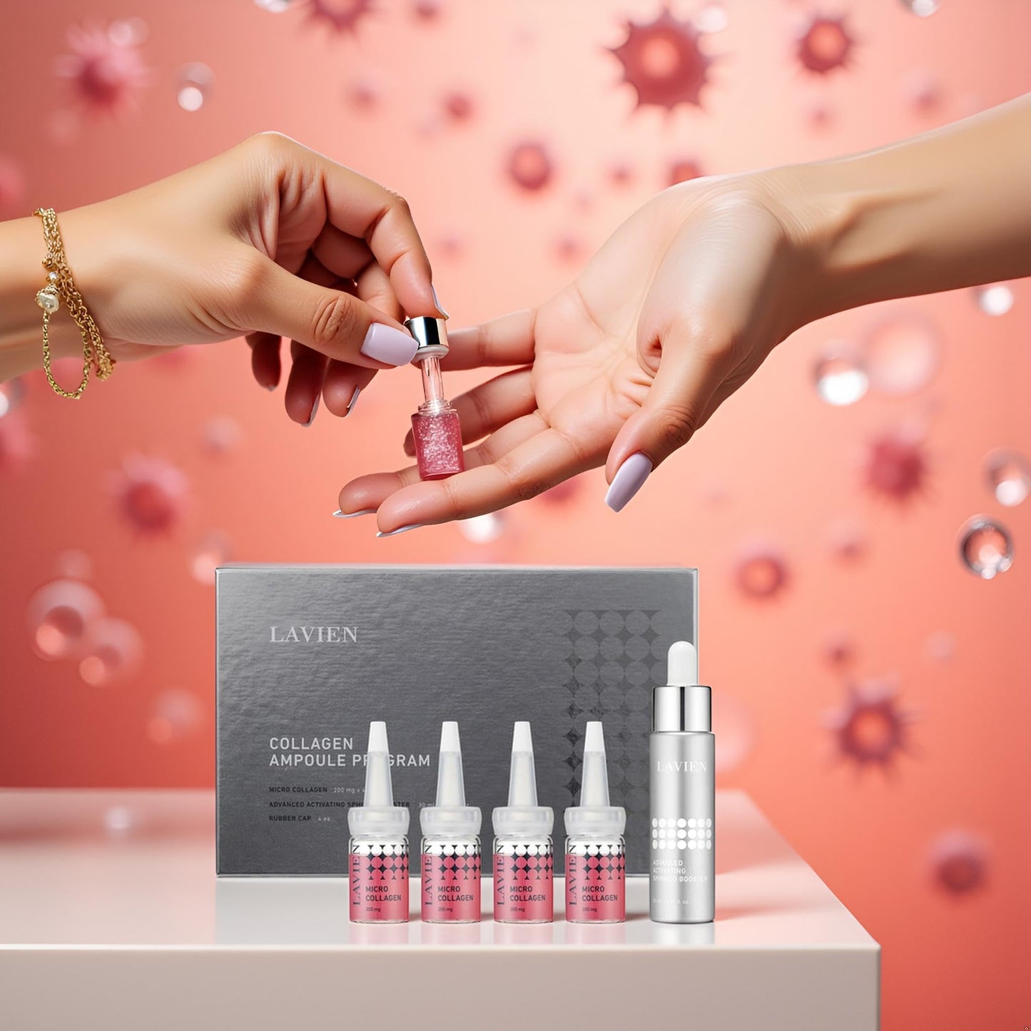 Lavien Collagen Ampoule Program (Pink) - Skin Elasticity, Low Molecule Collagen, Skin Aging Improvement, All Skin Types - 30 ml Buster Bottle, 4-200 mg Collagen with Dropper