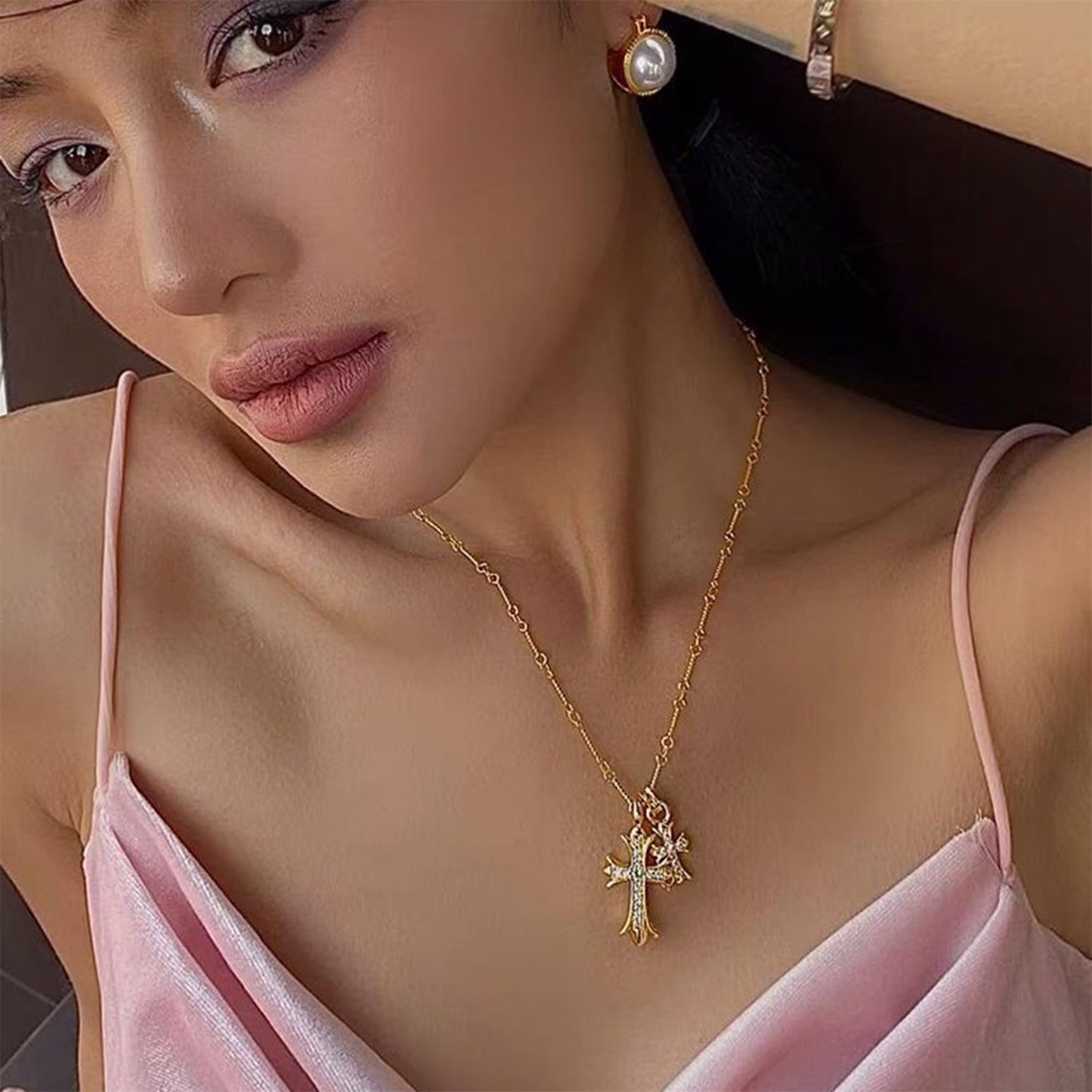 ANDKISS Cross Necklaces for Women - Dainty Cross Necklace 14k Gold Plated Necklace Simple Gold Charm Jewelry For Women (Double Cross)