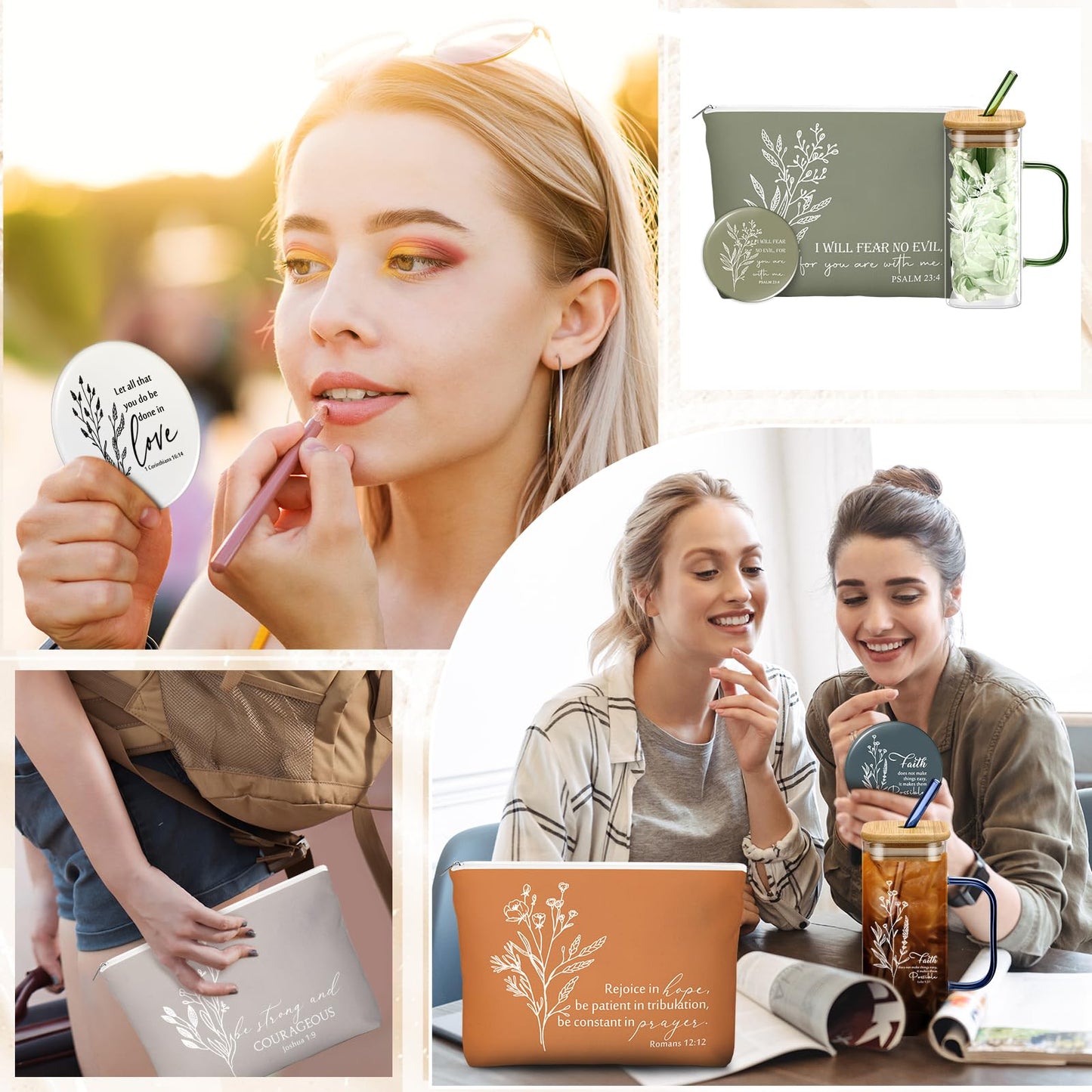 Fumete 6 Sets Christian Appreciation Gift for Women Bible Verse Flower Makeup Bag Gifts Religious Coffee Cup with Handle Bamboo Lid Straw Mini Compact Mirrors for Mothers Day Church Coworker