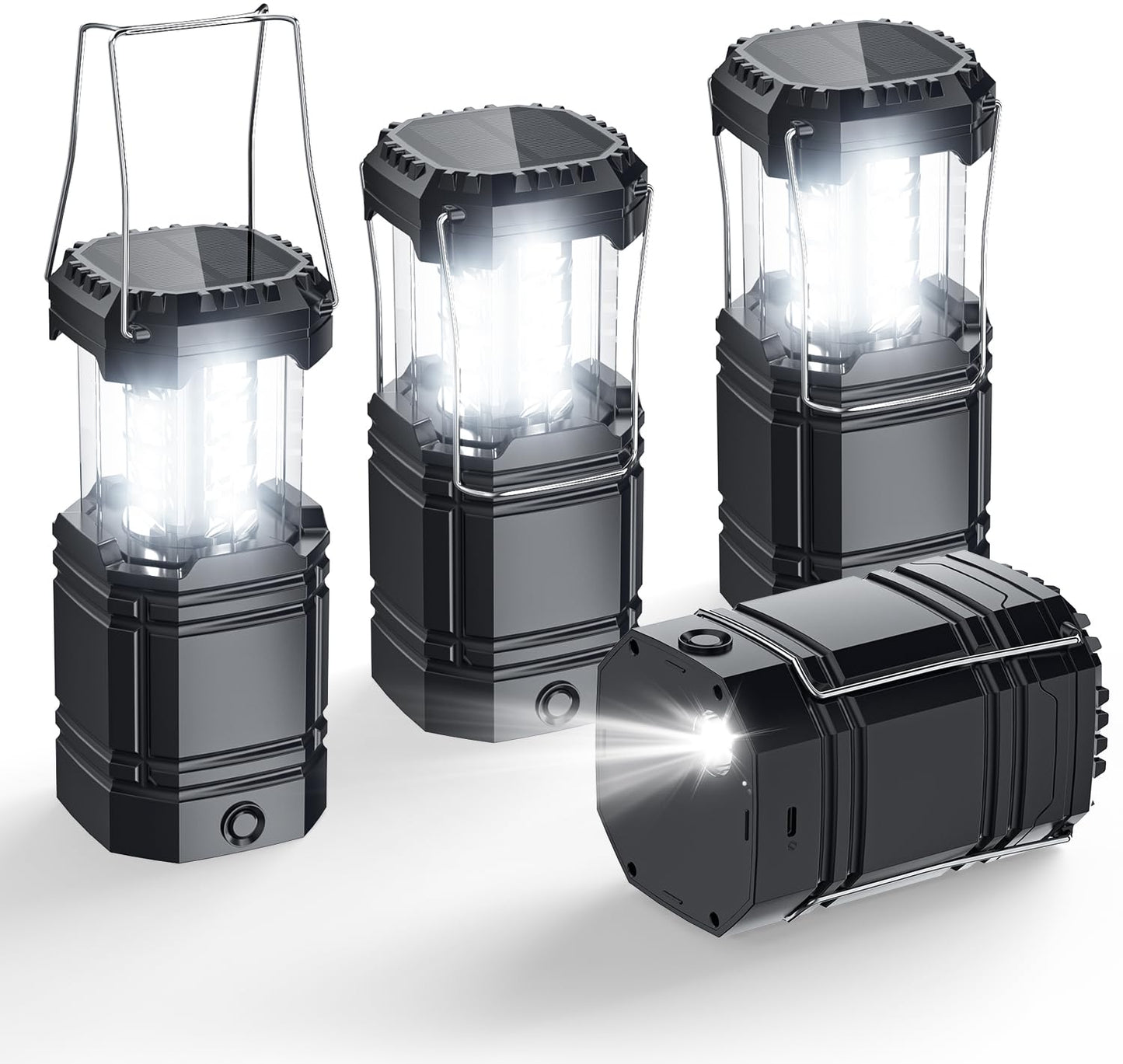 Solar Camping Lantern 4 Pack, Rechargeable LED Lantern with Flashlight, USB-C & Solar Powered, Collapsible Emergency Lights for Hurricane, Power Outages, Outdoor Use